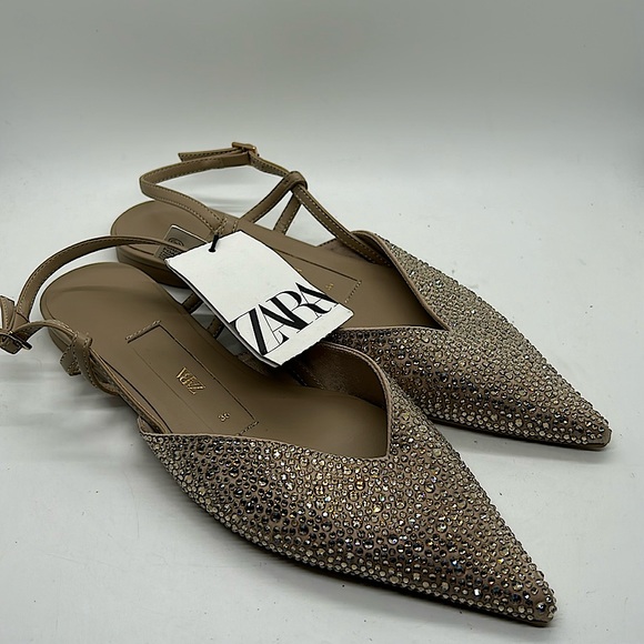 Zara Shoes - Zara NWT Tan Glittery Rhinestones Pointed Toe Flats Shoes **Size 36/US 6** 🌸🌸